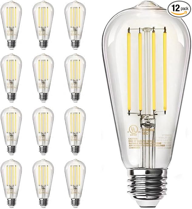 TJOY Edison Light Bulbs, 12 Pack Dimmable Vintage LED Light Bulbs, E26 Medium Base, Warm White 2700K, ST58, 6W, 800LM, 80+ CRI, Antique Decorative LED Filament, Clear Glass