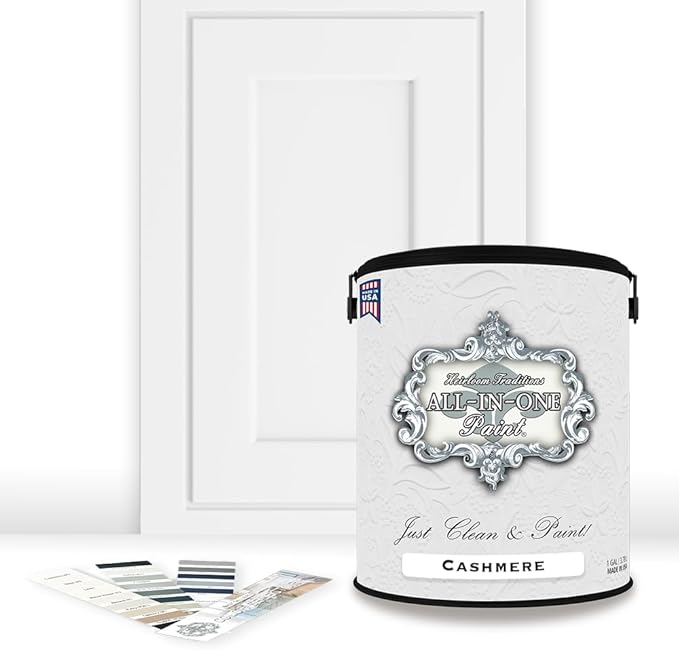 ALL-IN-ONE Paint, Durable cabinet and furniture paint. Built in primer and top coat, no sanding needed. Includes our 30 featured color card - Cashmere (true white), Gallon