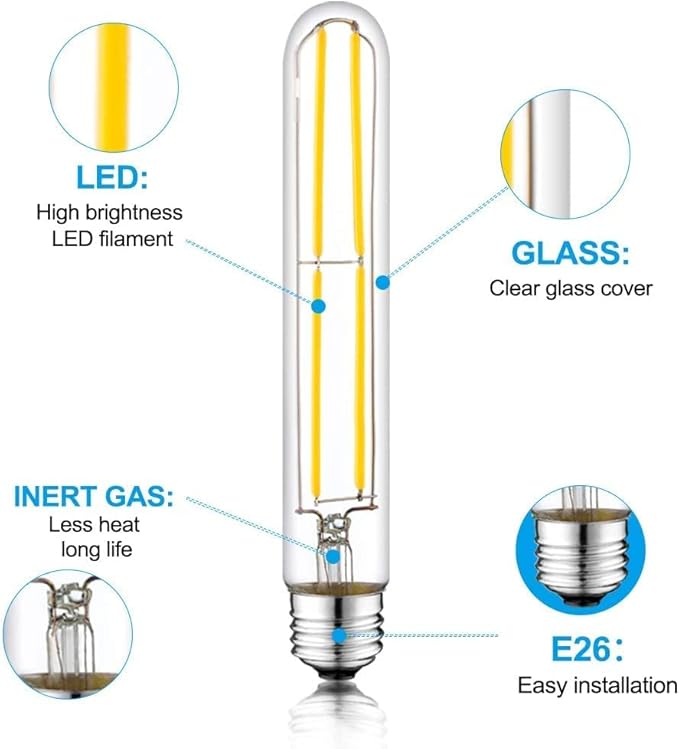7.3 Inch E26 Led Bulb 6W, Equal 80 Watt 3000K Warm White Edison Bulbs Dimmable, T10 T9 Long Tubular Clear Glass Light Bulb 800LM for Pipe Pendant Chandeliers Wall Sconces - UL Cert 6Pack