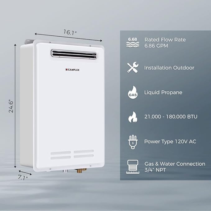 CAMPLUX Climatech 5 Tankless Water Heater Propane Outdoor 6.86 GPM, 199,000 BTU On Demand Instant Tankless Hot Water Heater Propane for Whole House, Outdoor Installation, IPX4 Waterproof, WA686M