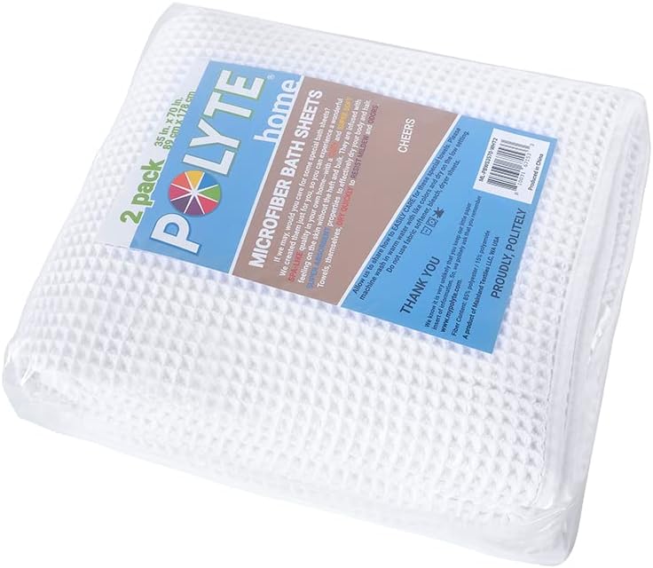 POLYTE Microfiber Quick Dry Lint Free Bath Sheet, 70 x 35 in, Set of 2 (Waffle Weave)