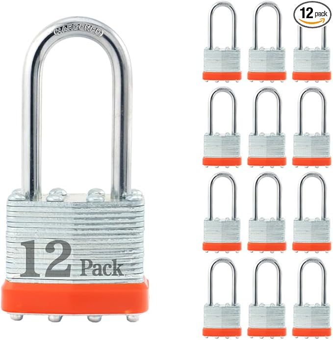 ZonRo Locks Laminated Steel Keyed Padlocks,Keyed Alike Locks, 1-9/16 inch Wide,Long Shackle Padlocks, Pack of 12，Orange Hoop, for Hasp Latch, Sheds, Fences, Storage Locker, School, Gym