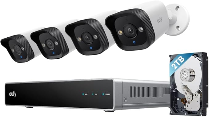 eufy PoE NVR Security System E40, 24/7 Recording,Up to 16CH, 2TB HDD, 4 4K Bullet Cams, Wired Outdoor Cam, 4K UHD, 122° FOV, Color Night Vision, AI Detection, Red and Blue Strobe