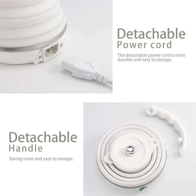 Ultrathin Upgraded Food Grade Silicone Travel Foldable Electric Kettle Boil Dry Protection Portable with Dual Voltage and Separable Power Cord,555ML 110-220V US Plug