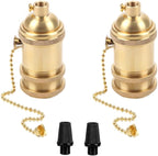 2 Pack Solid Brass Light Socket with 2 Socket Rings, Pull-Chain Version Supplies for Handmade Lighting, Lamps, Pendants etc (Natural Brass-Pull Chain)