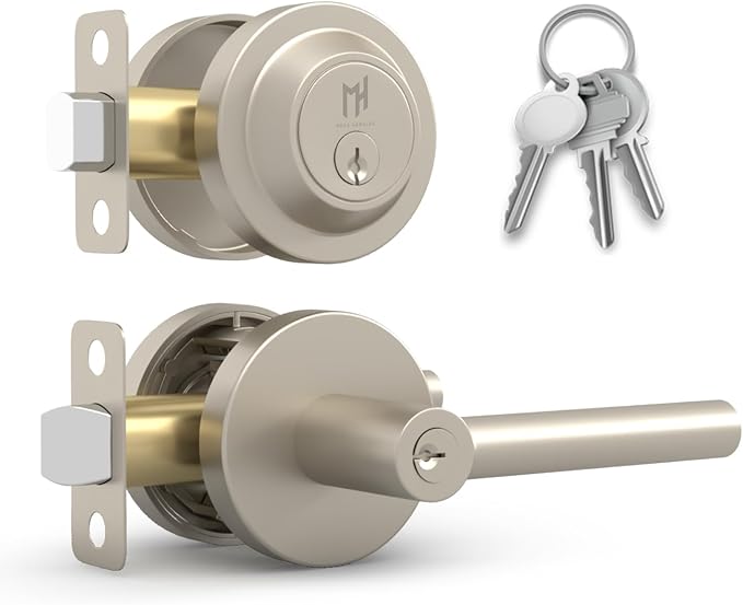 Mega Handles Ronn Entrance Combo, Entry Lever Door Handle and Single Cylinder Deadbolt Lock and Key Combo Pack, Heavy Duty Round Locking Door Levers Set for Left or Right-Handed Doors - Satin Nickel