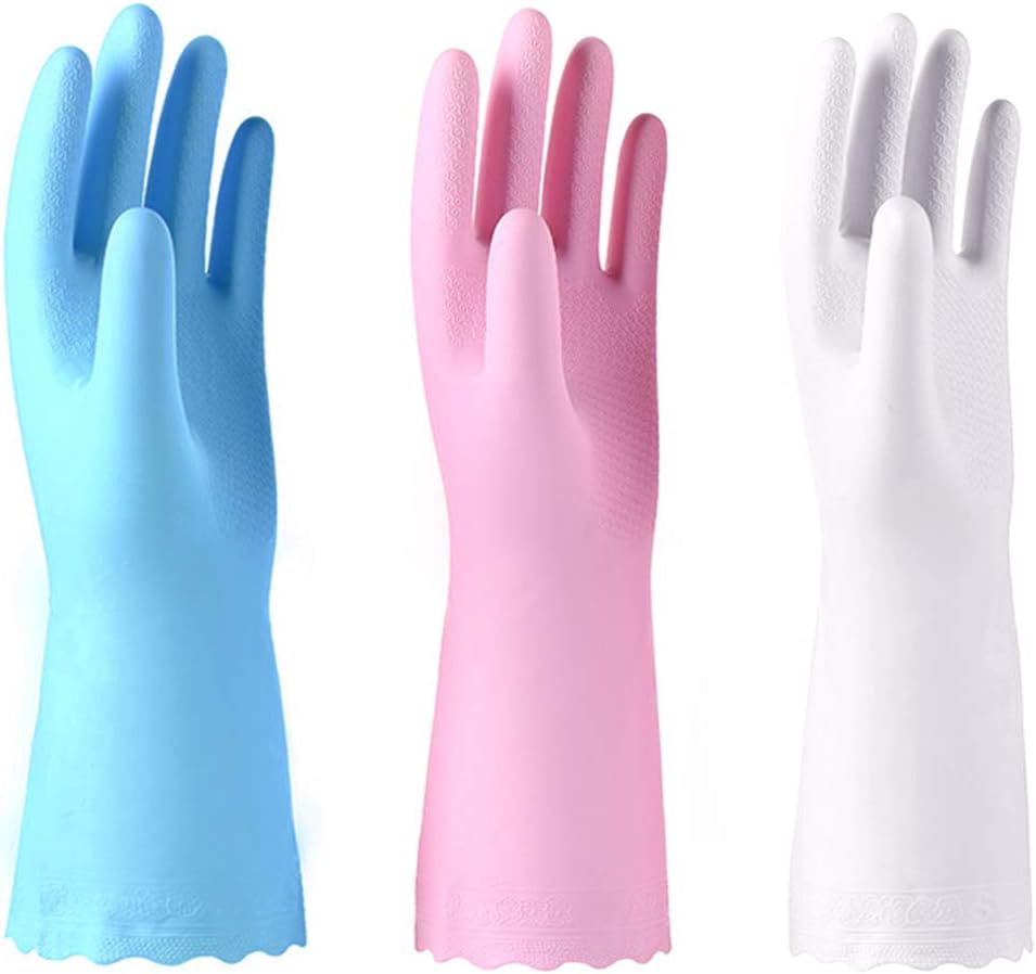 Alimat PluS 3 Pack Reusable Cleaning Gloves Latex Free, Dishwashing Gloves with Cotton Flock Liner and Embossed Palm, Waterproof Household Gloves for Laundry, Gardening (Small)