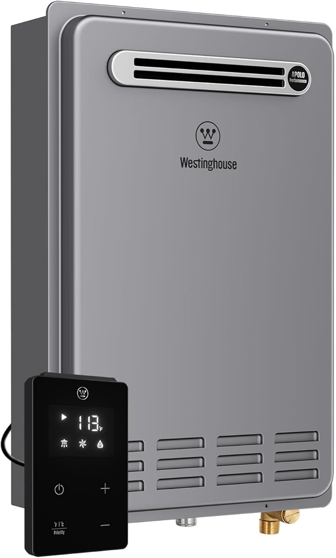 Westinghouse Tankless Water Heater Propane Outdoor Installation Max 5.1 GPM 120,000 BTU, Temp Self Modulating Non Condensing High Efficiency Water Heater for House or Commercial, APOLO Performance