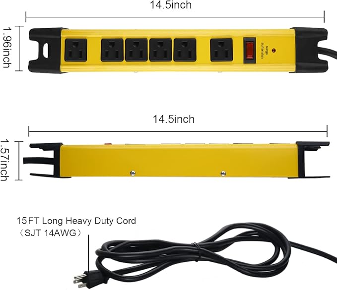 Heavy Duty Power Strip Surge Protector - 6 Outlet Industrial Strip With 15A, 15 FT Cord, 1200 Joules - ETL Listed Yellow Metal for Shop, Workshop, Garden