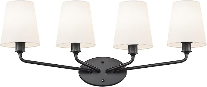 Emak 4-Light Bathroom Vanity Light, 29 Inch Black Bathroom Light Fixtures with Flared White Fabric Shade, Modern Farmhouse Wall Sconce for Bath, Hallway, Bedroom, VL132-BK-WF-4