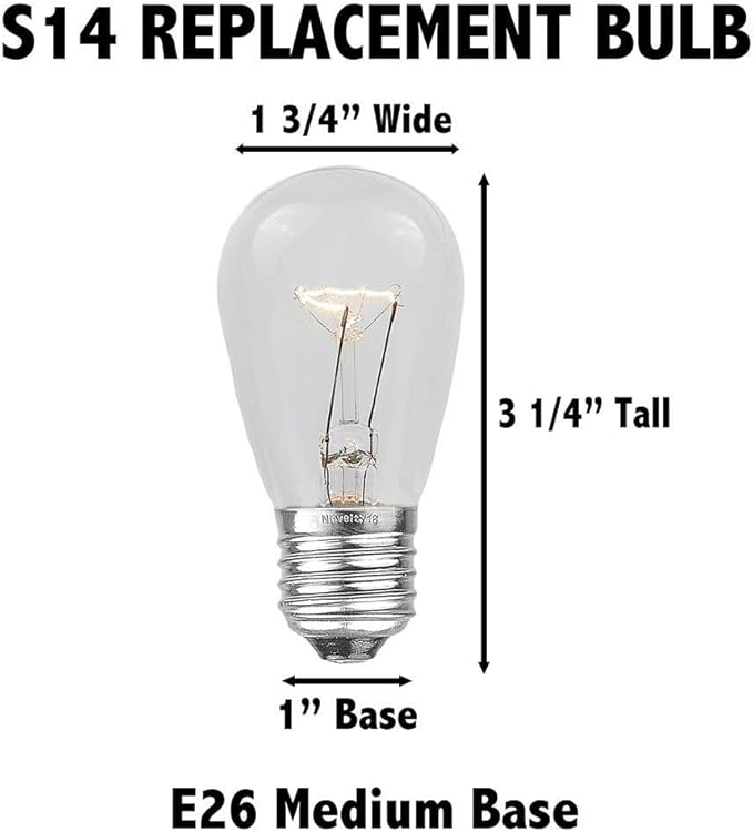 Novelty Lights 25 Pack S14 Outdoor Patio Edison Replacement Bulbs, E27 Medium Base, Ceramic White, 11 Watt