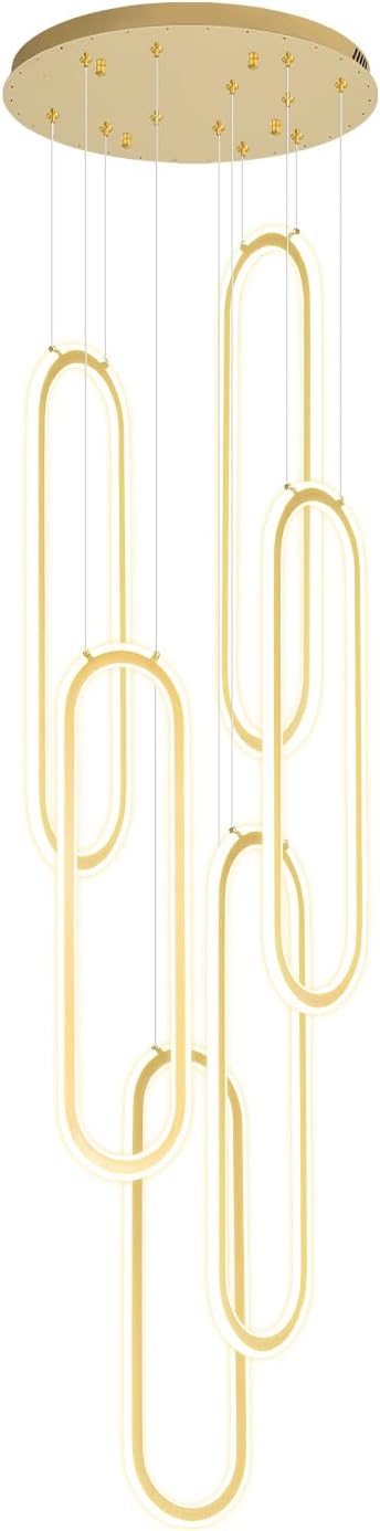 Flashing God H118 Modern Chandelier 6-Rings Contemporary Chandelier for High Ceiling Led Dimmable Large Pendant Lighting Gold Ring Chandeliers for Villa Foyer Entrance Living Room