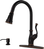 APPASO Oil Rubbed Bronze Kitchen Faucet with Soap Dispenser, Stainless Steel Kitchen Faucet with Pull Down Sprayer 3-Function High Arc Single Handle Bronze Kitchen Sink Faucet