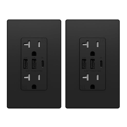 ELEGRP USB Outlets Receptacles, 3-Port Wall Outlet, 30W 6.0A Electrical Outlet, 15 Amp Tamper-Resistant Outlet with Type C Ports, UL Listed, Wall Plate Included, 2 Pack, Matte Black
