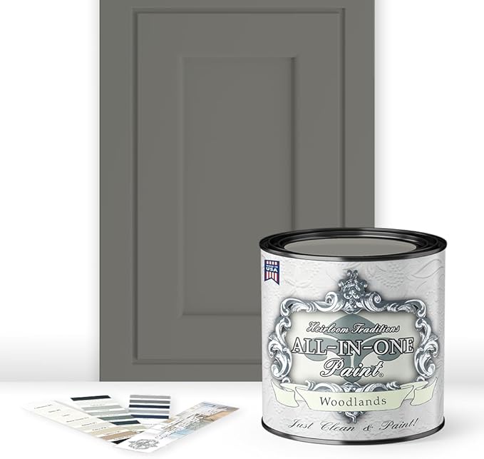 ALL-IN-ONE Paint, Durable cabinet and furniture paint. Built in primer and top coat, no sanding needed. Includes our 30 featured color card - Woodlands (muted, earthy, mossy green), Quart