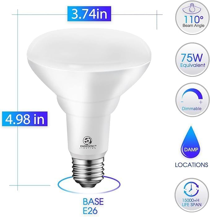 Energetic BR30 LED Recessed Light Bulb, 9W=75W, 6000K Cool Daylight, 900LM, Dimmable Ceiling Flood Light Bulb for Cans, CRI80+, 12-Pack