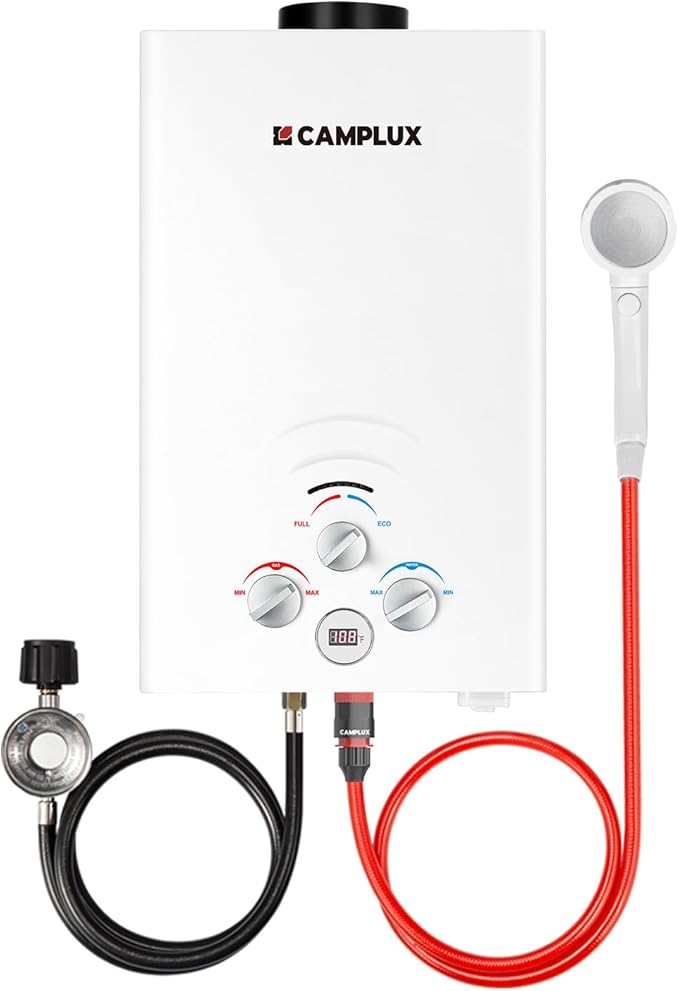 CAMPLUX Propane Water Heater, 2.11GPM Portable Water Heater for Camping, 55,000 BTU Portable Hot Water Heater Outdoor, BW211, White