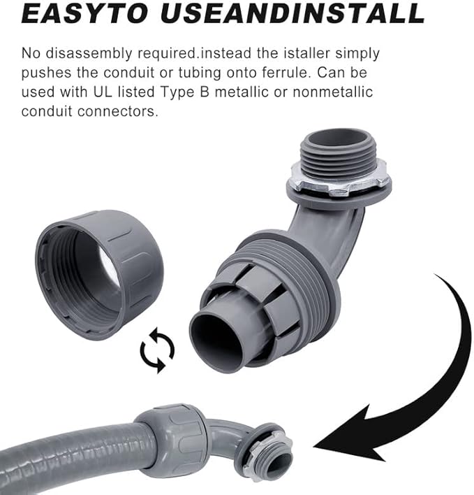 1/2 inch Liquid Tight Connector PVC Flexible Conduit Connector UL Listed Liquid Tight Connector Non-Metallic Electrical Conduit Fittings 12 Pack (8 Pcs 180D/4 Pcs 90D)