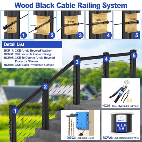 CKE 50 Pack 3/8" Black Angle Beveled Washers for Cable Railing, 30 Degree Beveled Washers for 1/8" 5/32" 3/16" Stair Deck Cable Railing Kit, T316 Stainless Steel Black Cable Railing Angle Washer,BCR17