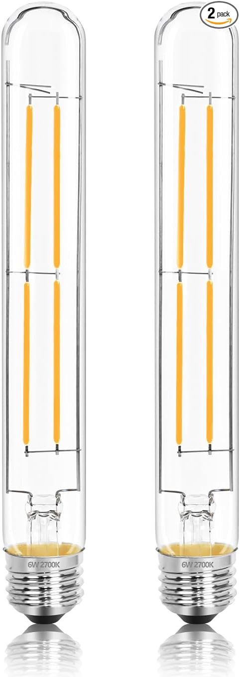 8.9IN LED Light Bulbs E26 Base, 6W 800LM 2700K Soft White T10 T9 Vintage Edison Bulbs Dimmable, AC 120V Equal 80 Watt Clear Glass Long Tubular Filament Bulb, UL Listed - 2Pack