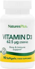 Natures Plus Vitamin D3 (Cholecalciferol) - 2500 iu, 90 Softgels - Bone Health, Heart Health & Immune System Support Supplement, Bioavailable Active Form - Gluten-Free - 90 Servings