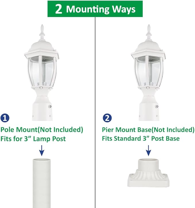 LIT-PaTH Dusk to Dawn Outdoor Post Lighting Fixture Pole Lantern, E26 Medium Base Max 60W, Aluminum Housing Plus Glass, Bulb Not Included (White, 2-Pack)