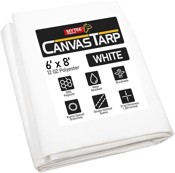Mytee Products 6' x 8' White Canvas Tarp 12oz - Water Resistant & Breathable - Heavy Duty Tarps - Multipurpose Tarpaulin Cover for Camping Tent