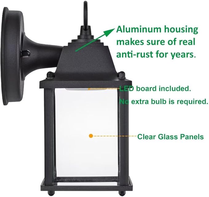 LIT-PaTH Outdoor LED Wall Lantern, Wall Sconce as Porch Lighting Fixture, 5000K Daylight White, 9.5W 800 Lumen, Aluminum Housing Plus Glass, Black Finish, 1-Pack