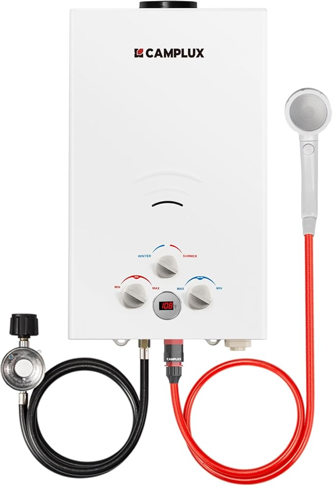 CAMPLUX 2.64 GPM Propane Portable Gas Water Heater, 68,000 BTU Outdoor Tankless Camping Water Heater with Digital Display, White