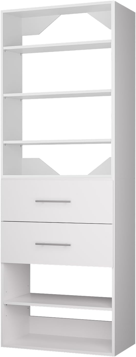 ROOMTEC Modular Closet System, 19.5" 2 Drawer Shelf Closet Tower Wall-Mounted Closet Organizer, Wooden Tower for Walk-In Closets, Wardrobe Storage Kit, White