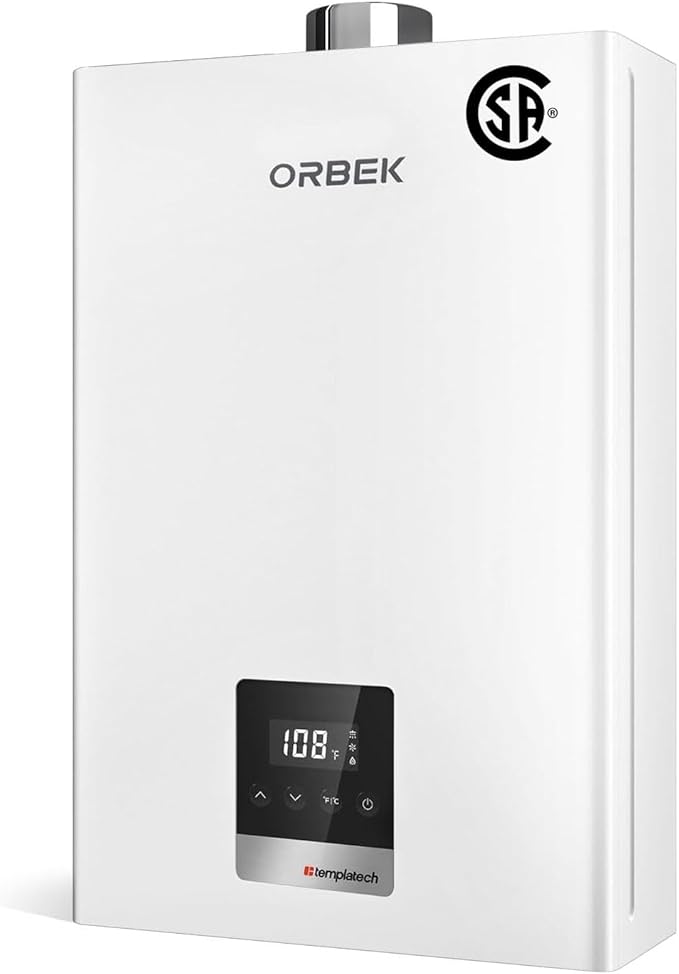 Natural Gas Tankless Water Heater - ORBEK 80,000 BTU Up to 3.6 GPM Indoor Installation - CSA Certified On-Demand Instant Hot Water Heater 3/4" NPT Connector Size