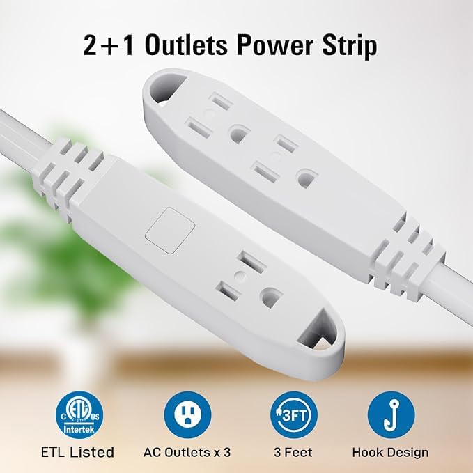 K KASONIC - 3-Feet 3 Outlet Extension Cord, UL Listed, 16/3 SJTW 3-Wire Grounded, 13 Amp 125 V 1625 Watts, Multi-Outlet Indoor/Outdoor Use, White