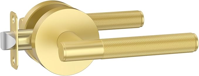 Asidrama 1 Pack Passage Gold Door Handles, Door Lever with Door Knobs Indoor for Bedroom or Bathroom, Heavy Duty Brushed Gold Door Handles Interior with Locks for Left Right Sided Doors