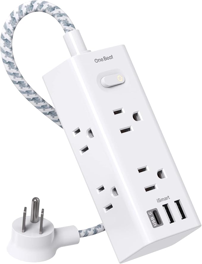 One Beat Short Extension Cord 1Ft, Flat Plug Power Strip Surge Protector - 6 Widely Outlets with 3 USB Ports (1 USB C), Wall Mount Small Power Strip for Travel, Home Office College Dorm Essentials