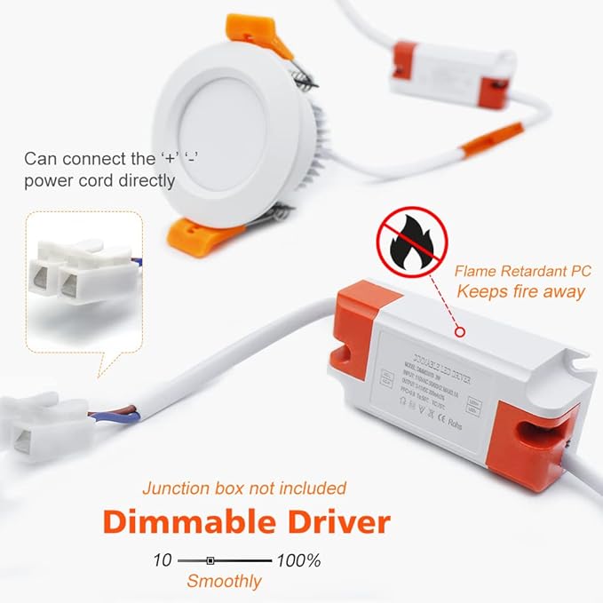 2 Inch LED Downlight, Recessed Lighting Dimmable Ceiling Light, 3W, 3000K Warm White, CRI80 with LED Driver(35W Halogen Equivalent), 4 Pack