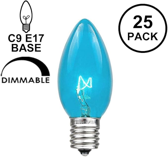 Novelty Lights Incandescent Christmas Replacement Bulbs - Indoor/Outdoor Individual Bulbs for Christmas Tree, Display, & More - C9/E17 Intermediate Base, 7 Watt Lights (Teal, 25 Pack)