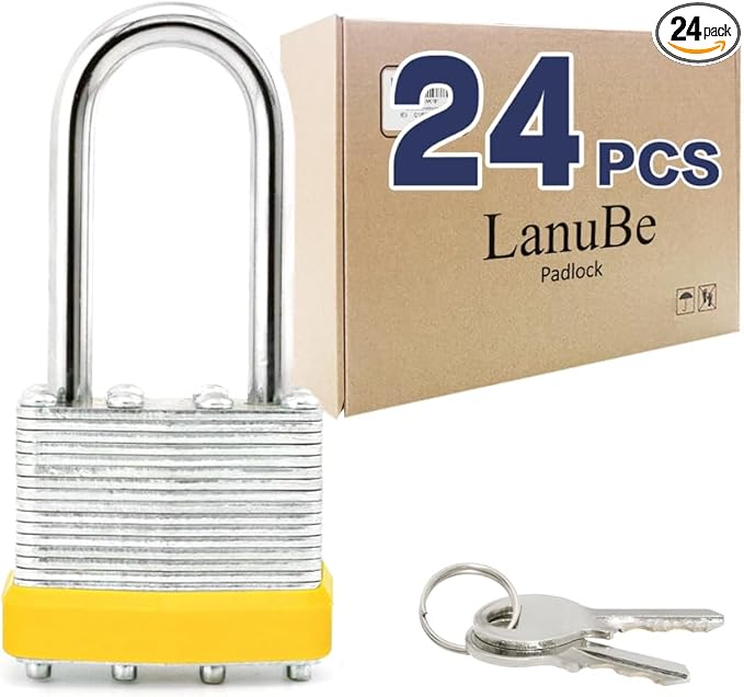 LanuBe Lock Laminated keyed Padlock (1-9/16", 40mm), keyed Alike Locks, Long Shackle,Marked Yellow Plastic Hoop, Pack of 24