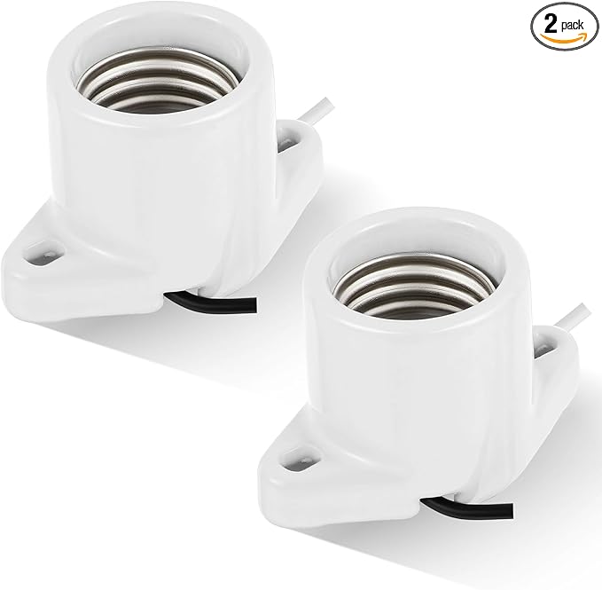 2 Pcs E26 Light Socket Porcelain Lamp Holder Socket Medium Keyless Threaded Base with Two Hole Flange Mounting and 6" Wire Indoor Garage Closet Lighting
