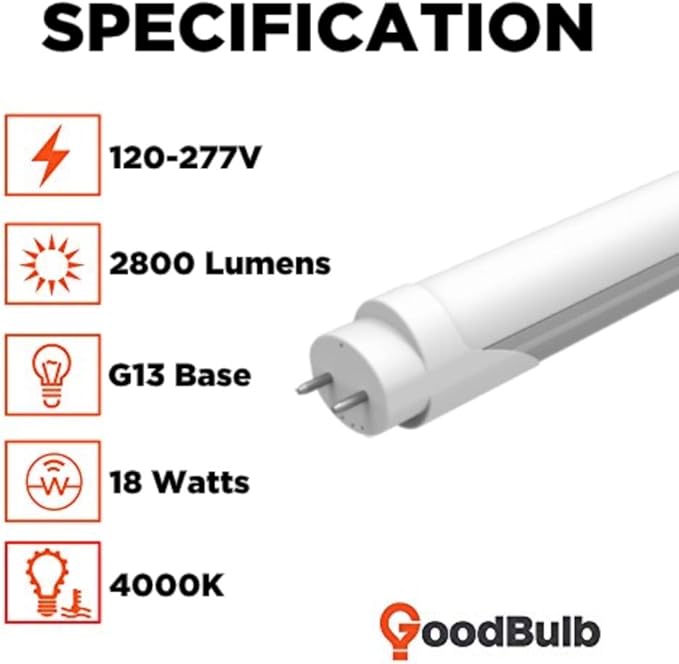 GoodBulb 48-Inch T8 LED Light Bulbs 18-Watt, Cool White 4100K, 2800-Lumens, Type A+B with Medium Bi-Pin Base (25 Bulb Pack)