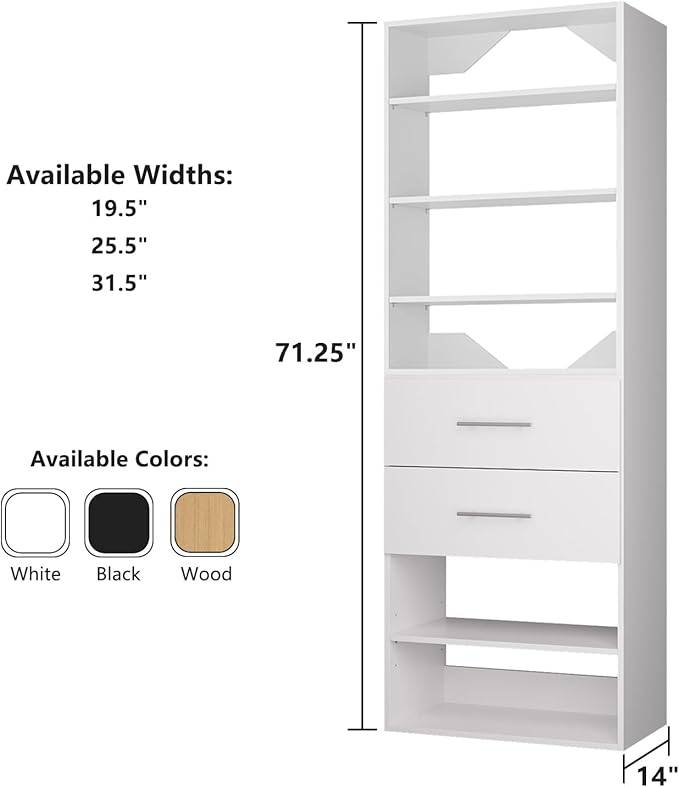 ROOMTEC Modular Closet System, 31.5" 2 Drawer Shelf Closet Tower Wall-Mounted Closet Organizer, Wooden Tower for Walk-In Closets, Wardrobe Storage Kit, White