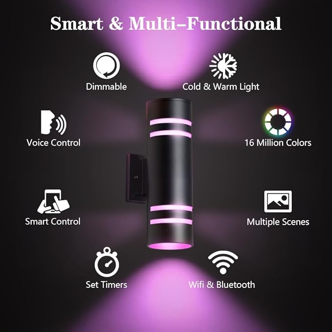 KIZON Smart Outdoor Wall Light, Modern RGBCW Sconce Color Changing, Dimmable Up and Down Lights Black Outdoor Light Fixture App Control with Remote Compatible with Alexa Google Assistant, ETL Listed