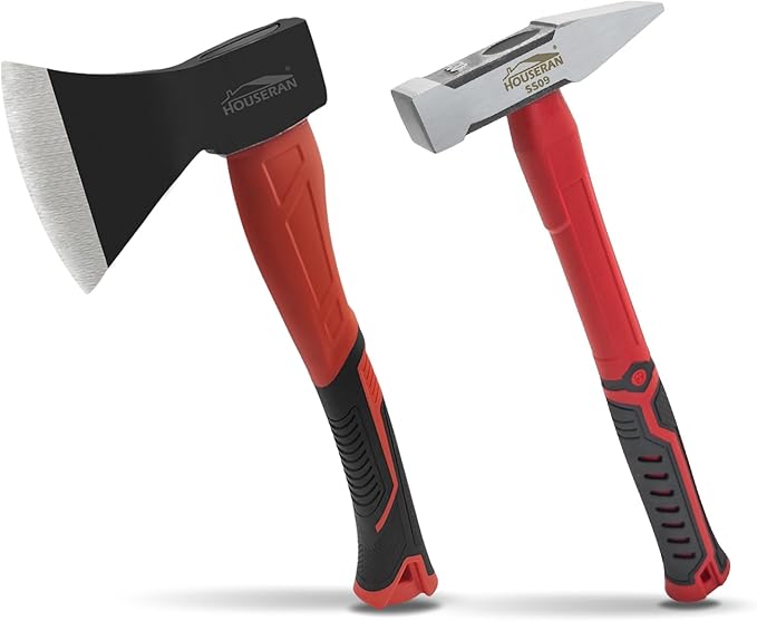 2-Piece Outdoor Axe and Engineer Hammer Set, 13.8" Camping Hatchet with Forged Steel Blade & 400g Cross Peen Hammer, Shock-Absorbing Grip, for Wood Splitting, Bushcraft, DIY, Metalworking