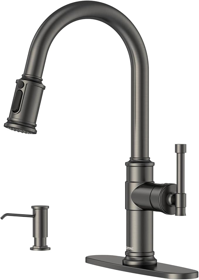 Black Stainless Kitchen Sink Faucet with Pull Down Sprayer, DAYONE Single Handle 1 Hole High Arc Flow 360° Swivel Kitchen Faucets with Soap Dispenser, APS136BS