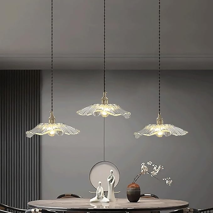 Glass Pendant Lights Full Brass Modern Pendant Lighting Fixture 11 Inch with Rippled Transparent Shade Adjustable Hanging Lamp for Dining Room and Kitchen Island