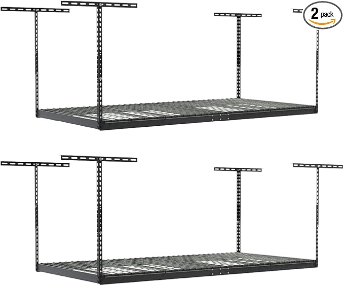 2-Pack 4 x 8 MonsterRax Overhead Garage Storage Rack, Ceiling Racks for Garage, Organization Shelving, Adjustable Hanging Shelf, Grey, 12"-21" Height Adjustment