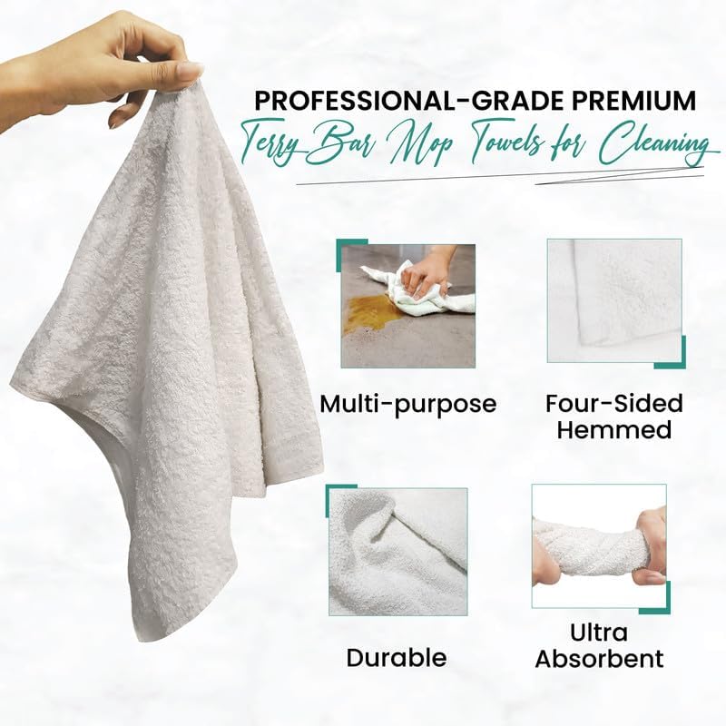 White Terry Bar Mop Towels 40 Pcs (Approx) - 100% Cotton Ultra-Absorbent Cleaning Rags, Perfect Washable Kitchen Rags for Bars, Restaurants & Home - Multipurpose (5 lbs. Compressed Box)