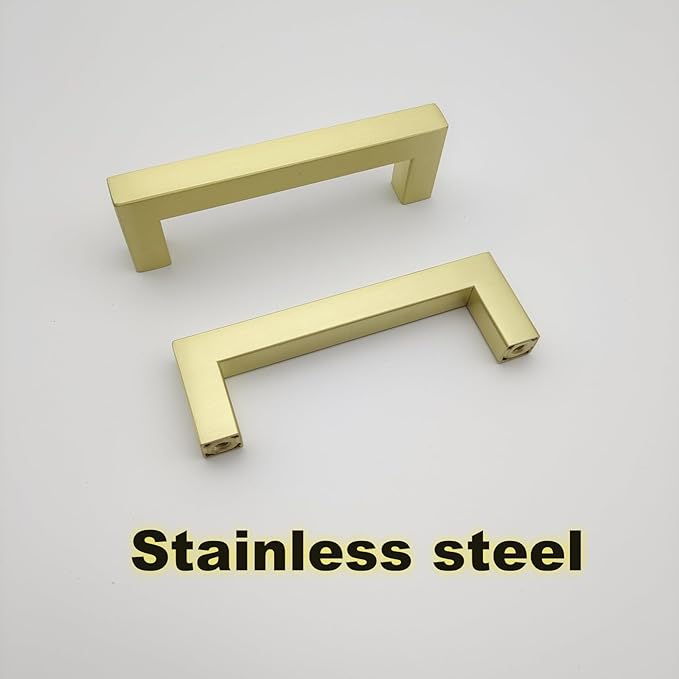 10 Pack Brushed Gold Cabinet Handles 3 3/4 Inch Hole Centers Square Cabinet Pulls Brass Plated Stainless Steel Kitchen Cabinet Handles Gold Hardware for Cabinets Drawer Pulls