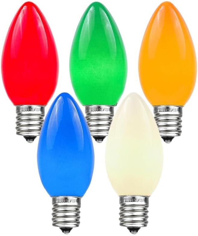 Novelty Lights Ceramic Christmas Replacement Bulbs - Outdoor Individual Bulbs for Events, Holiday Parties, Patios, and More - C7/E12 Candelabra Base, 5 Watt Lights (Multicolor, 25 Pack)