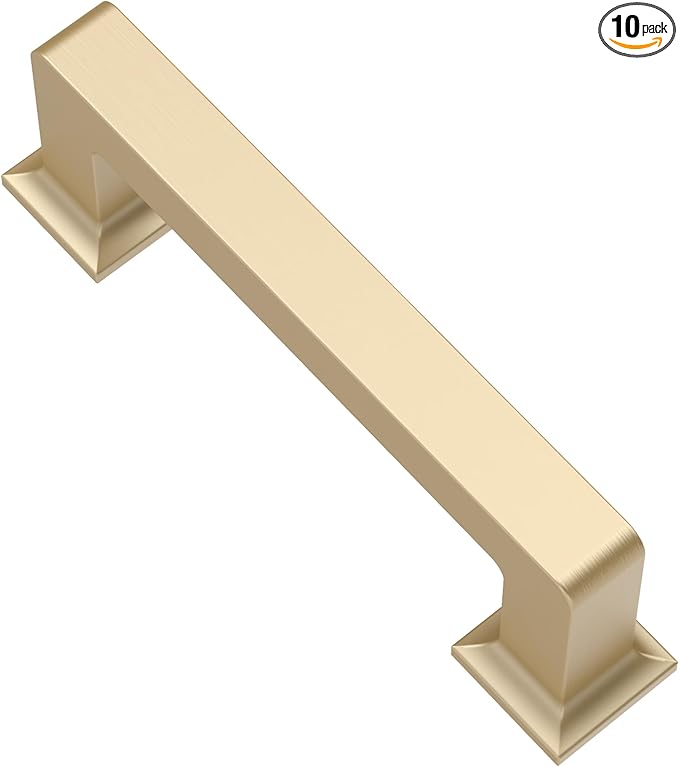 Alzassbg 10 Pack Brushed Gold Cabinet Pulls, 3 Inch(76mm) Hole Centers Cabinet Handles Square Kitchen Hardware for Cabinets AL3046BG
