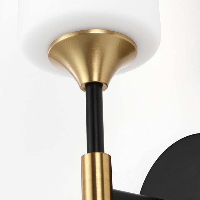 Industrial Mid Century Wall Sconce Set of 2 with White Cylinder Glass Shades Modern Bathroom Vanity Wall Lamp Black and Gold Finished Wall Light Fixture